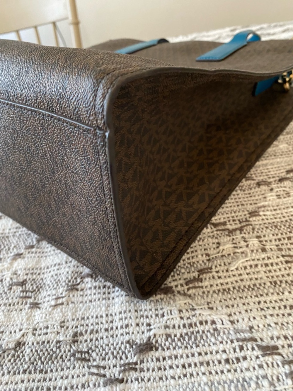 Michael Kors Teal-Trim Brown Monogram Tote with Gold Hardware - Picture 6 of 7